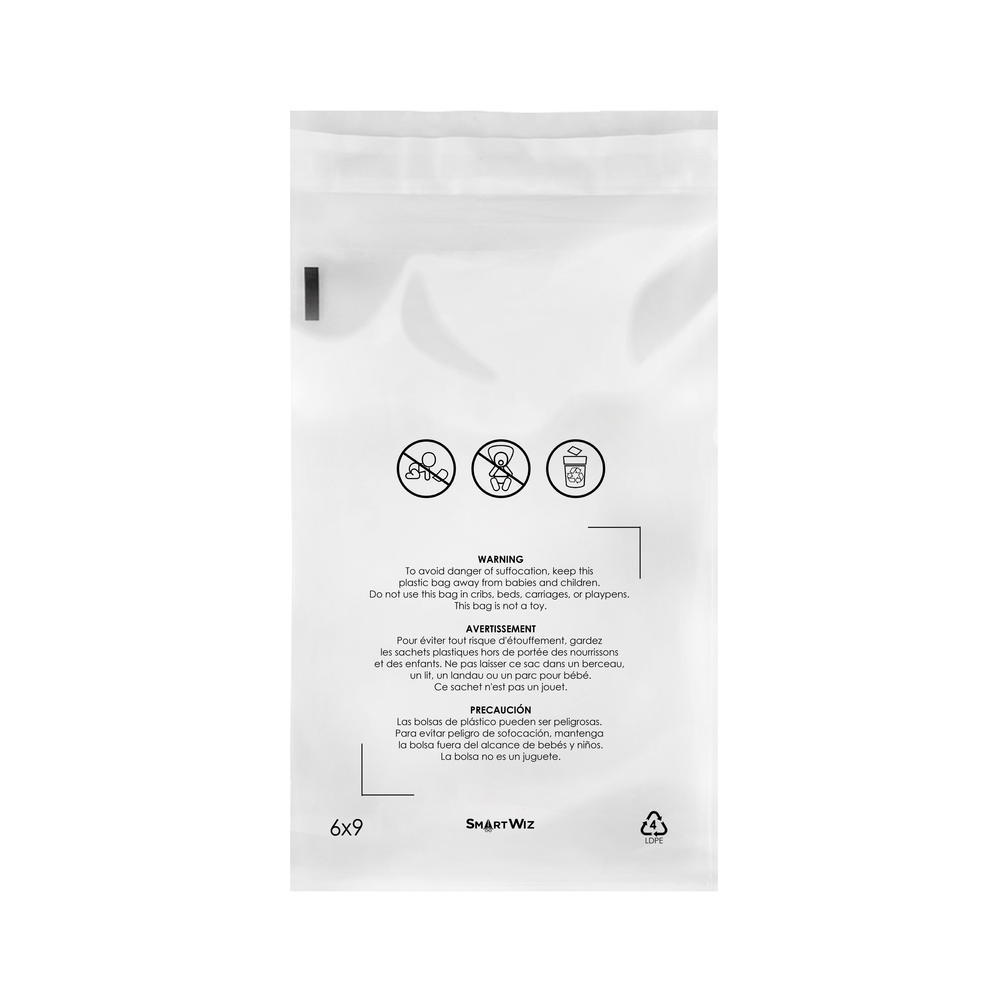 9x12 Inch Clear Plastic Self-Seal Bags With Suffocation Warning - For Shipping & Storage