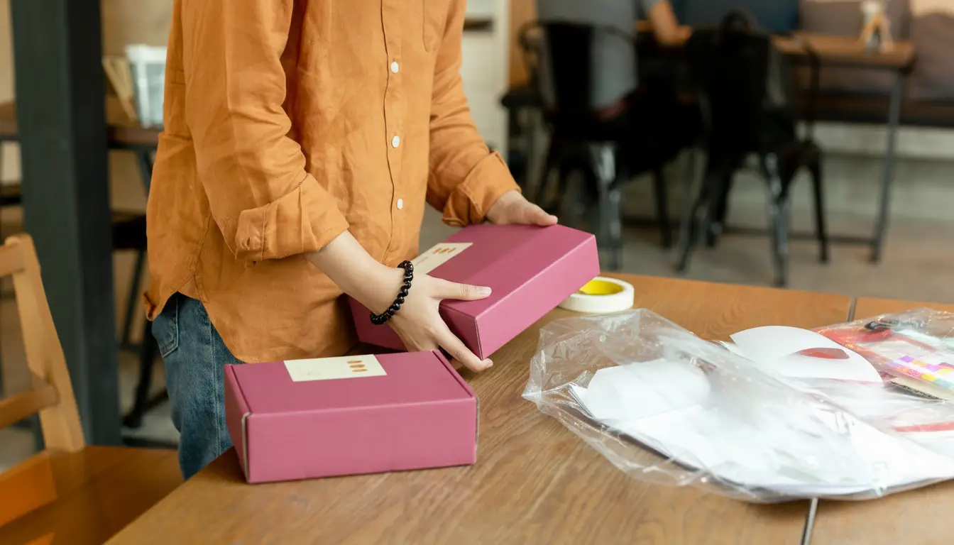 Small business owner packing orders with SmartWiz clear poly bags